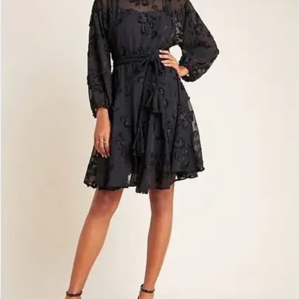 Anthropologie Black Floral Long Sleeve Dress